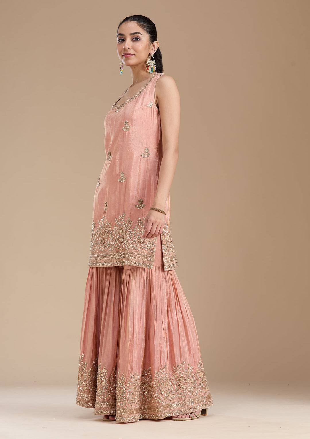 Peach Sequins Tissue Readymade Salwar Suit-koskii