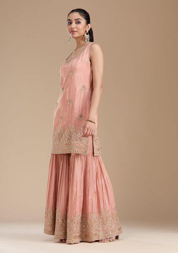 Peach Sequins Tissue Readymade Salwar Suit-koskii