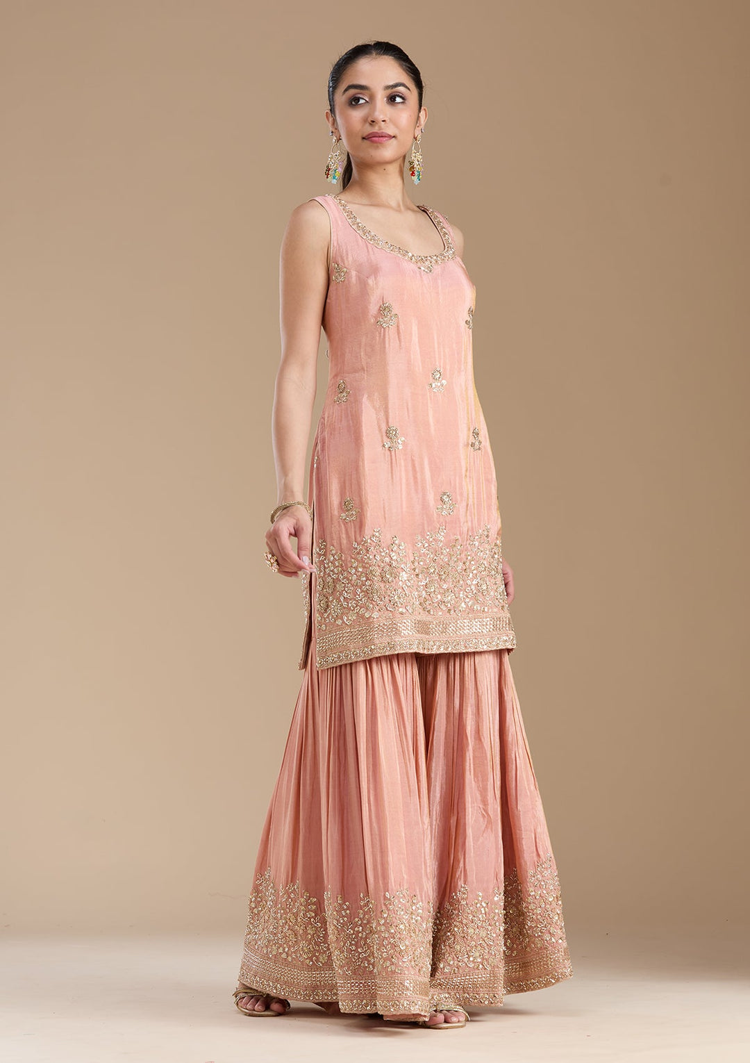 Peach Sequins Tissue Readymade Salwar Suit-koskii