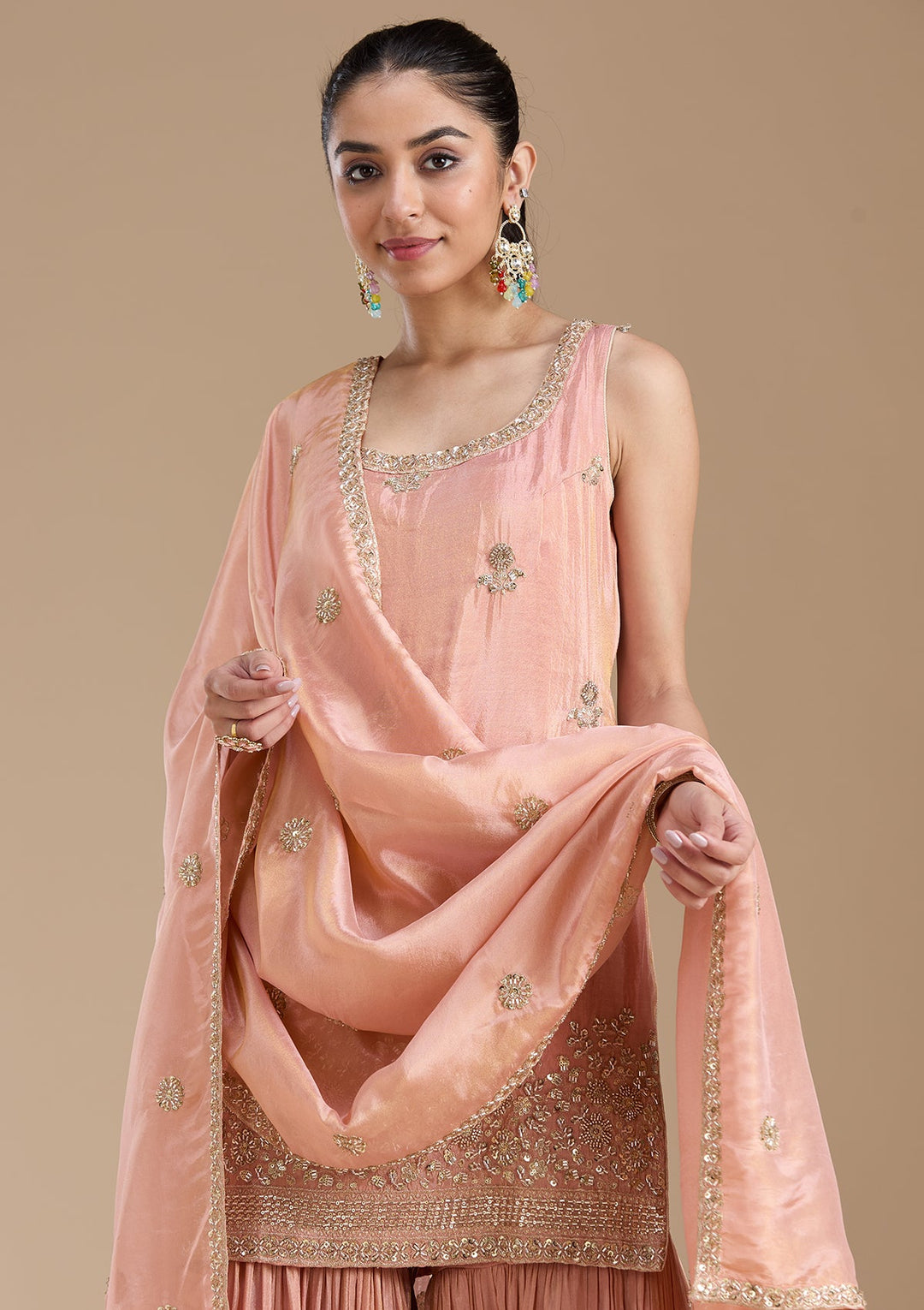 Peach Sequins Tissue Readymade Salwar Suit-koskii