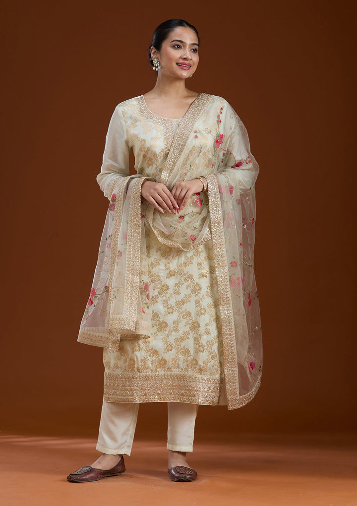 Off White Zariwork Brocade Readymade Salwar Suit-koskii