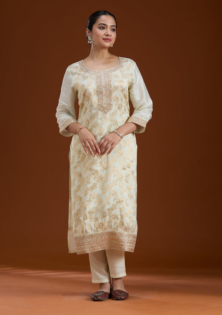 Off White Zariwork Brocade Readymade Salwar Suit-koskii