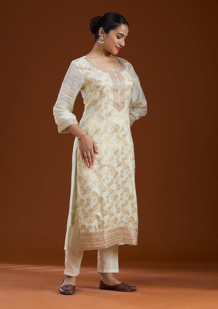 Off White Zariwork Brocade Readymade Salwar Suit-koskii