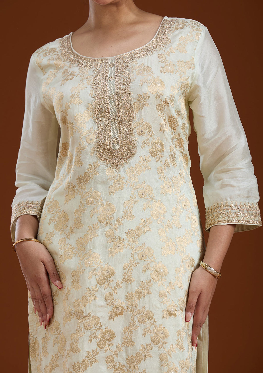 Off White Zariwork Brocade Readymade Salwar Suit