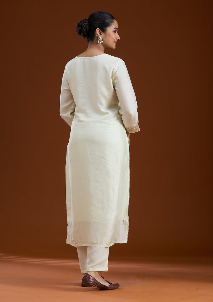 Off White Zariwork Brocade Readymade Salwar Suit-koskii