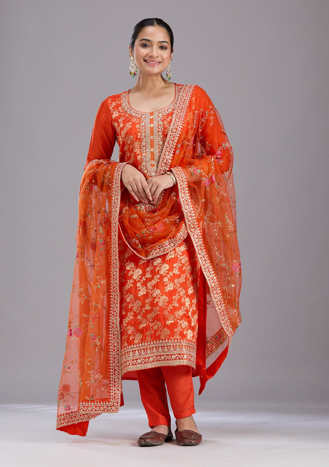 Orange Zariwork Brocade Readymade Salwar Suit-koskii