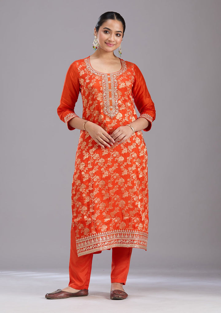 Orange Zariwork Brocade Readymade Salwar Suit-koskii