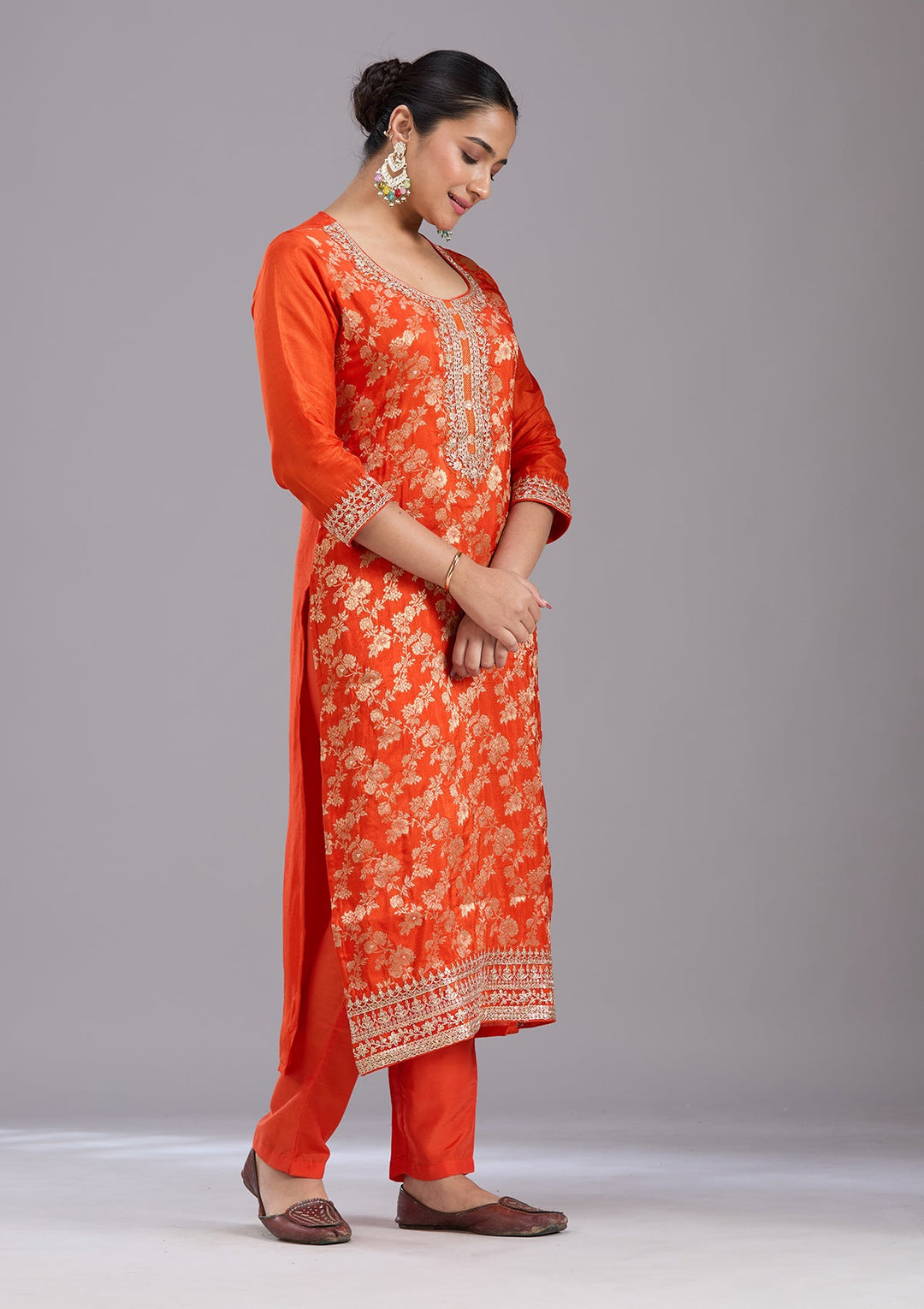 Orange Zariwork Brocade Readymade Salwar Suit-koskii
