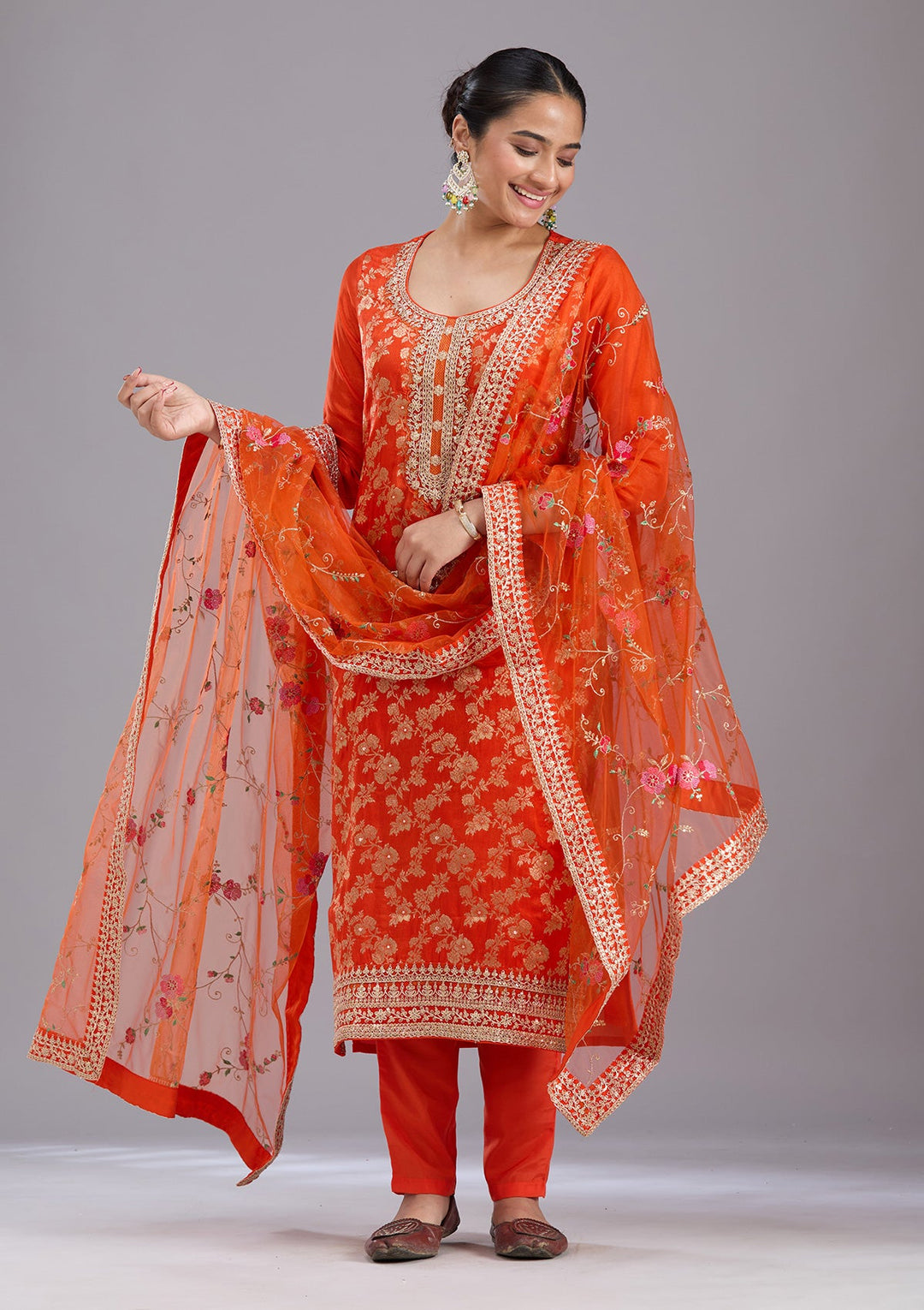 Orange Zariwork Brocade Readymade Salwar Suit