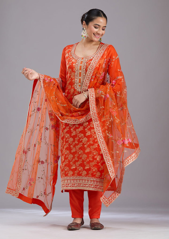 Orange Zariwork Brocade Readymade Salwar Suit