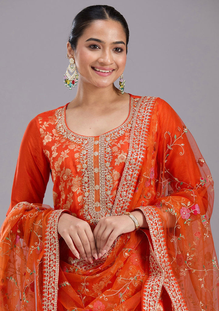 Orange Zariwork Brocade Readymade Salwar Suit-koskii