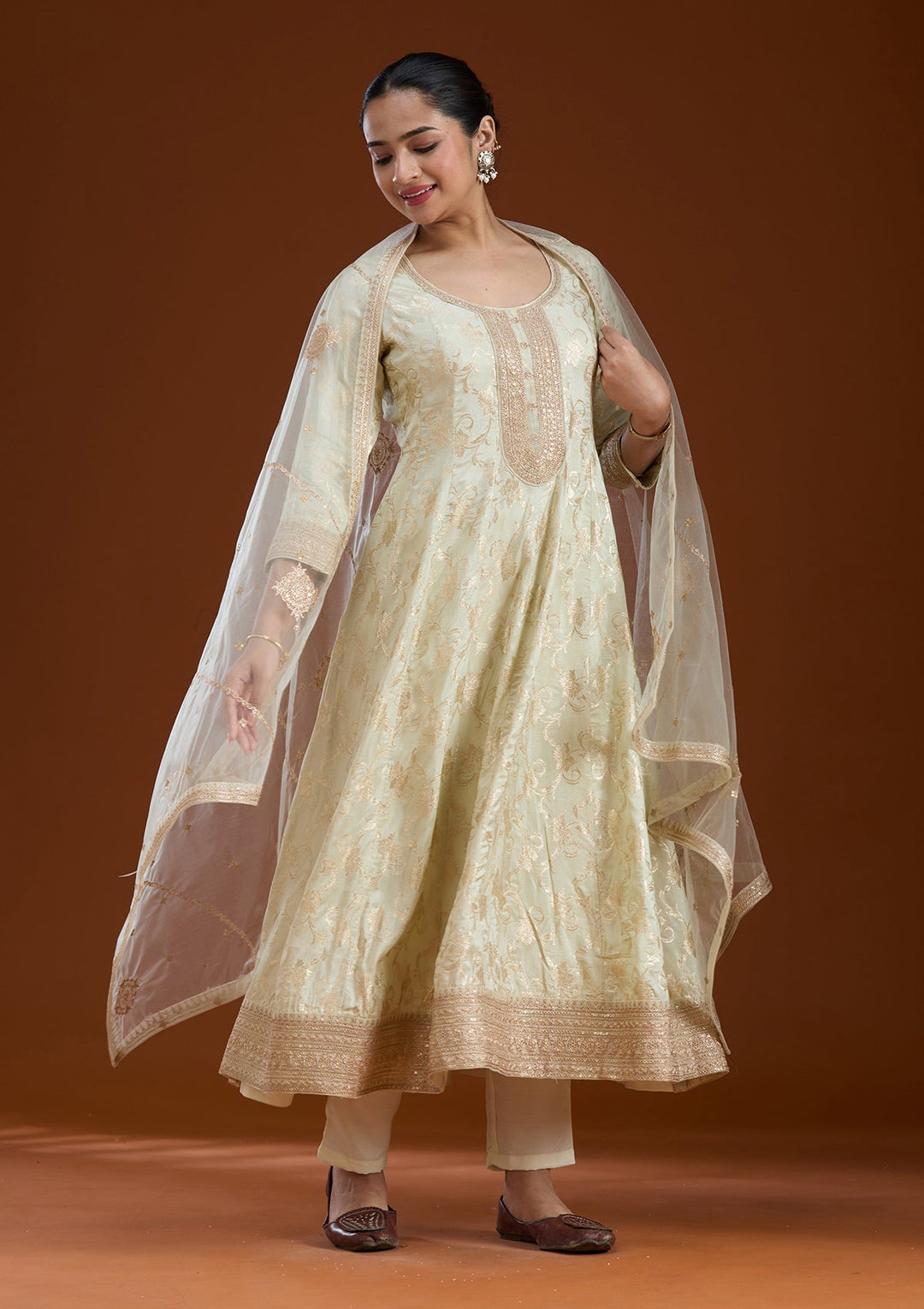 Off White Zariwork Brocade Readymade Salwar Suit-koskii