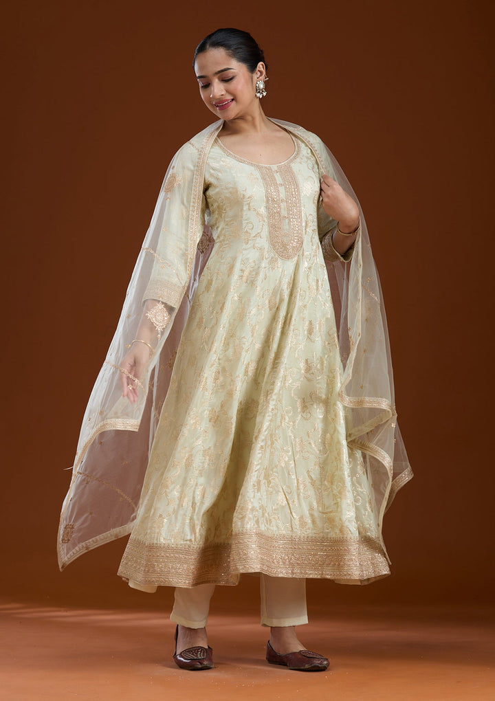 Off White Zariwork Brocade Readymade Salwar Suit-koskii