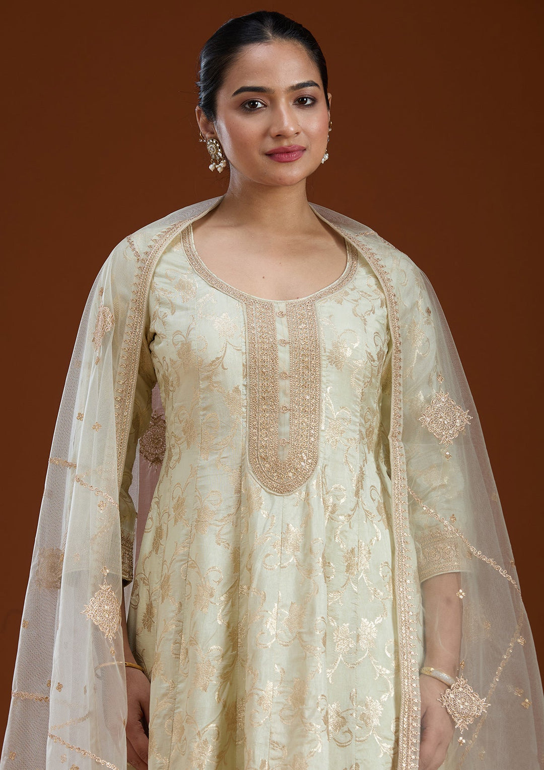 Off White Zariwork Brocade Readymade Salwar Suit-koskii