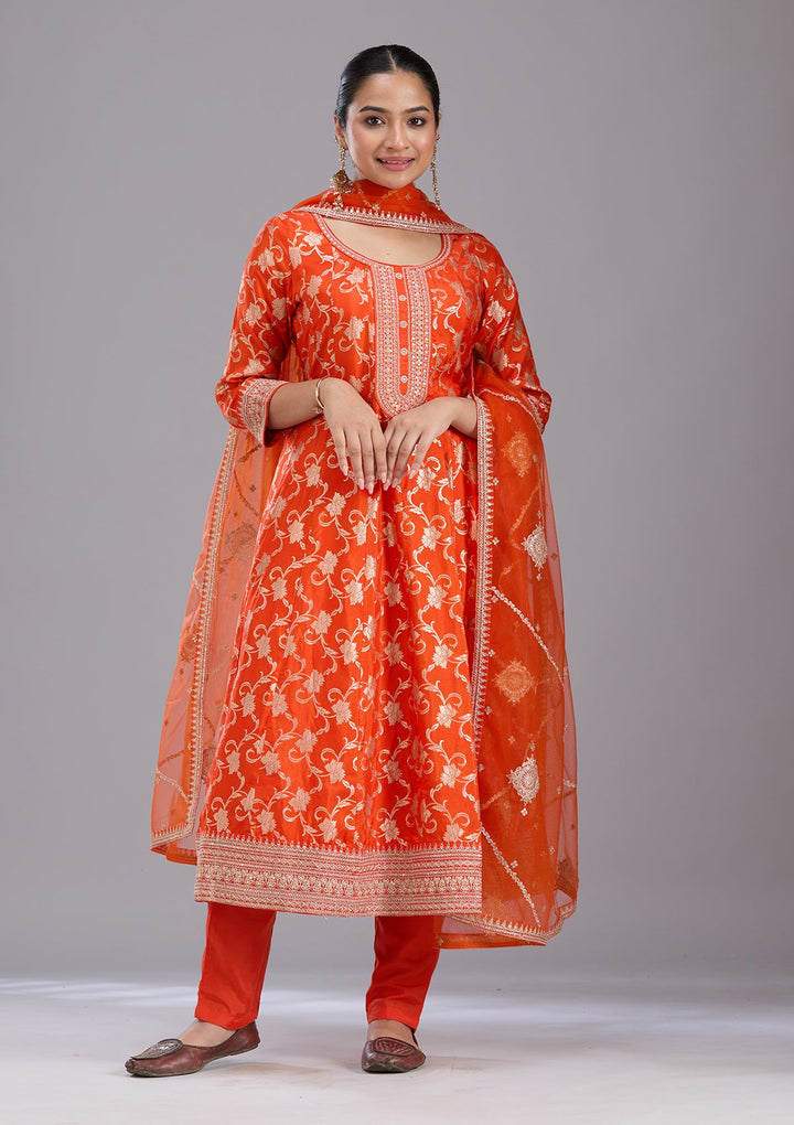 Orange Zariwork Brocade Readymade Salwar Suit-koskii