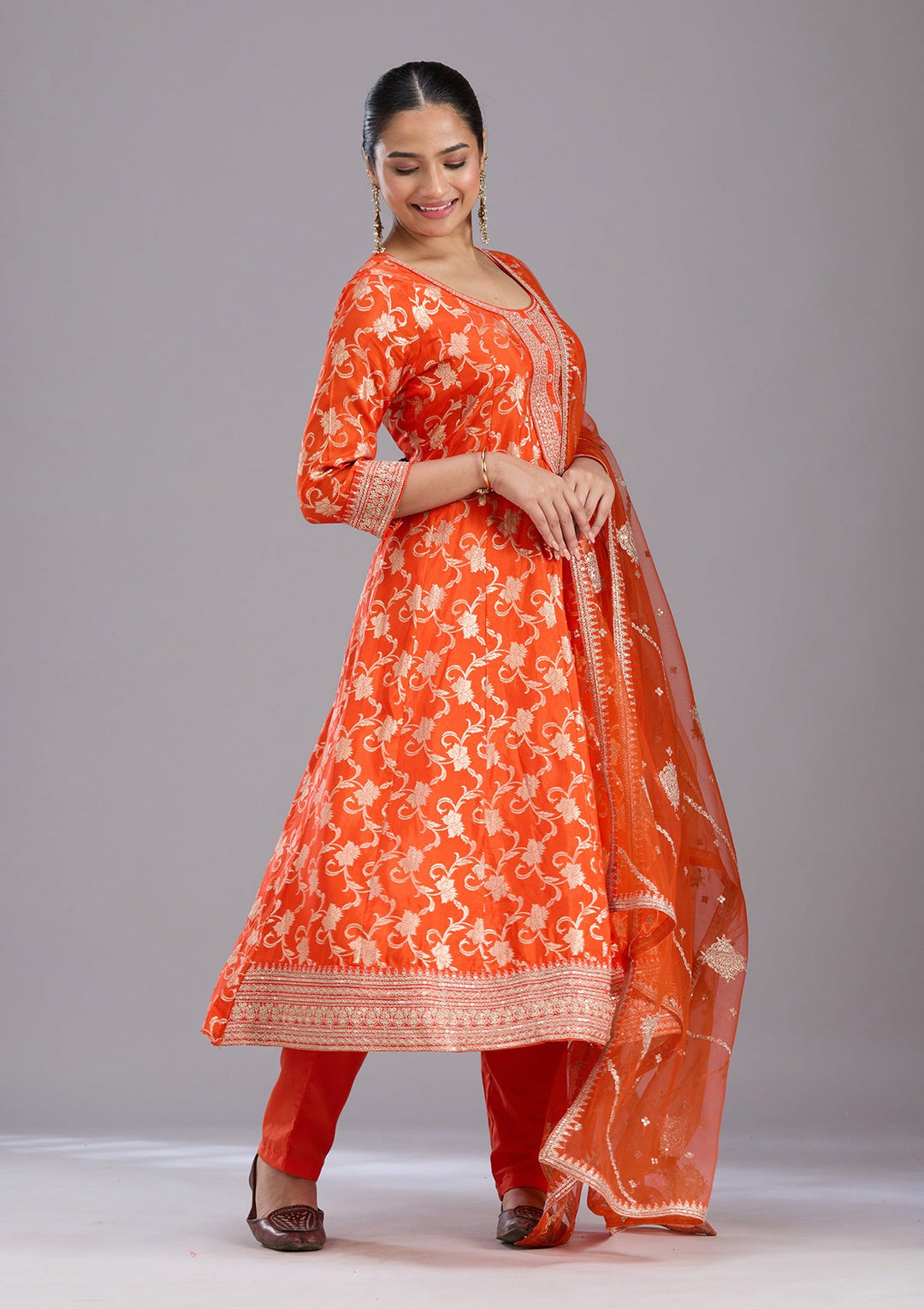 Orange Zariwork Brocade Readymade Salwar Suit-koskii