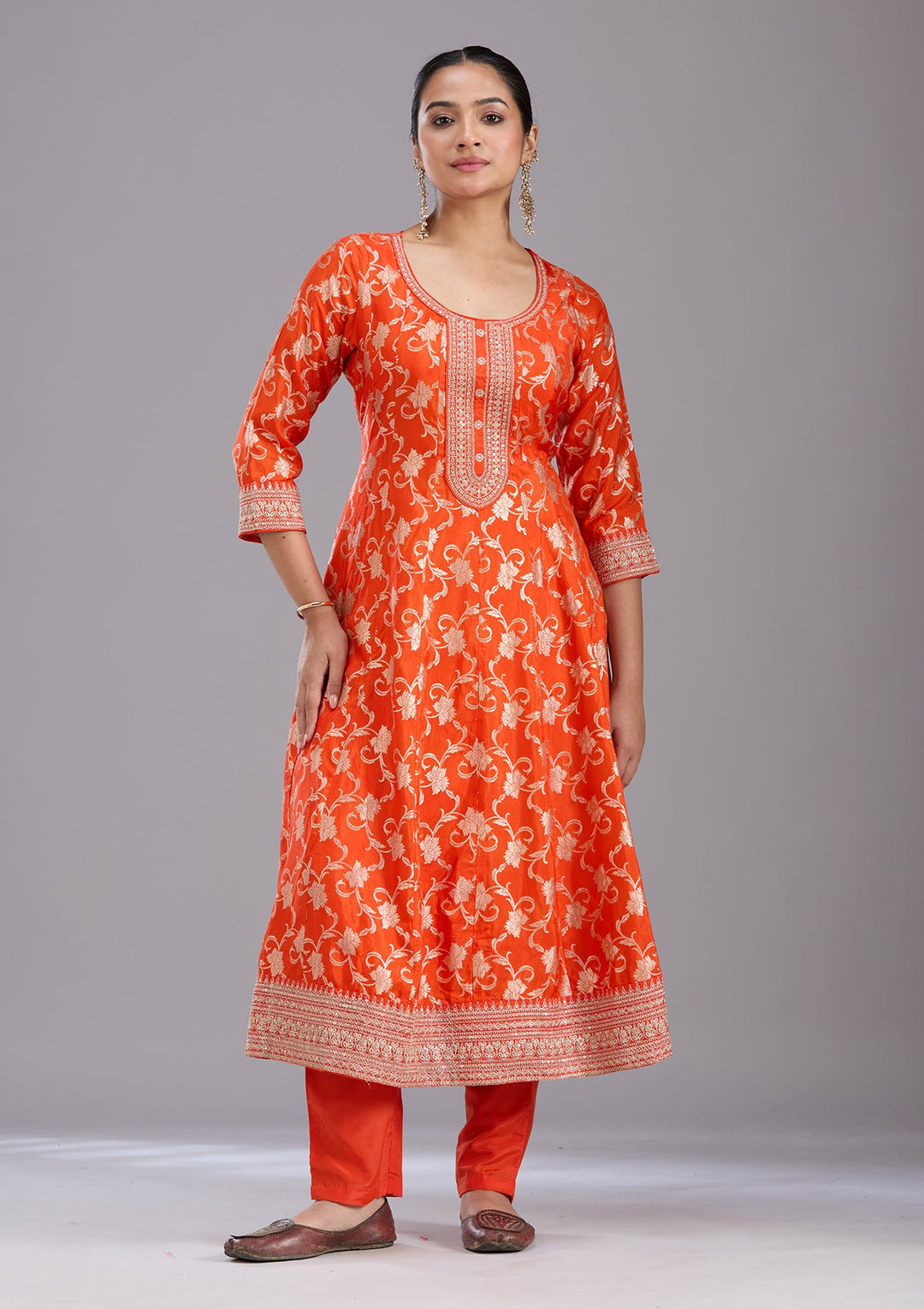 Orange Zariwork Brocade Readymade Salwar Suit-koskii