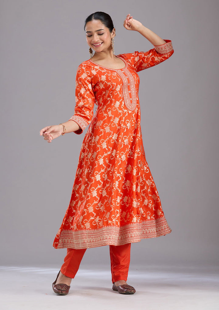 Orange Zariwork Brocade Readymade Salwar Suit