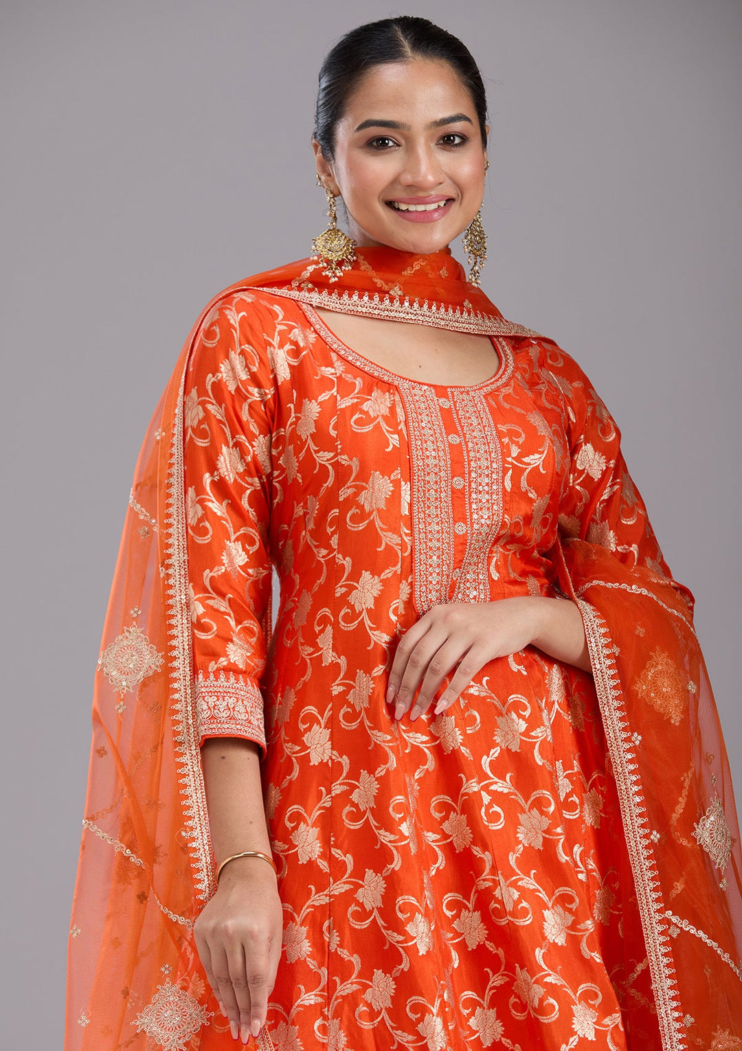 Orange Zariwork Brocade Readymade Salwar Suit-koskii