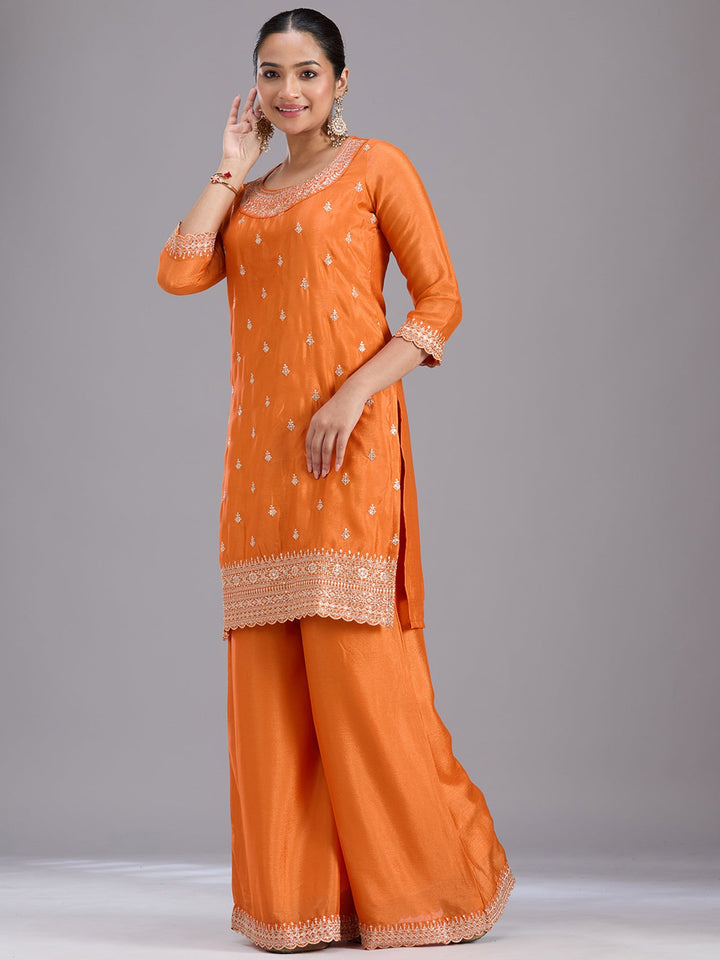 Orange Sequins Soft Raw Silk Readymade Salwar Suit