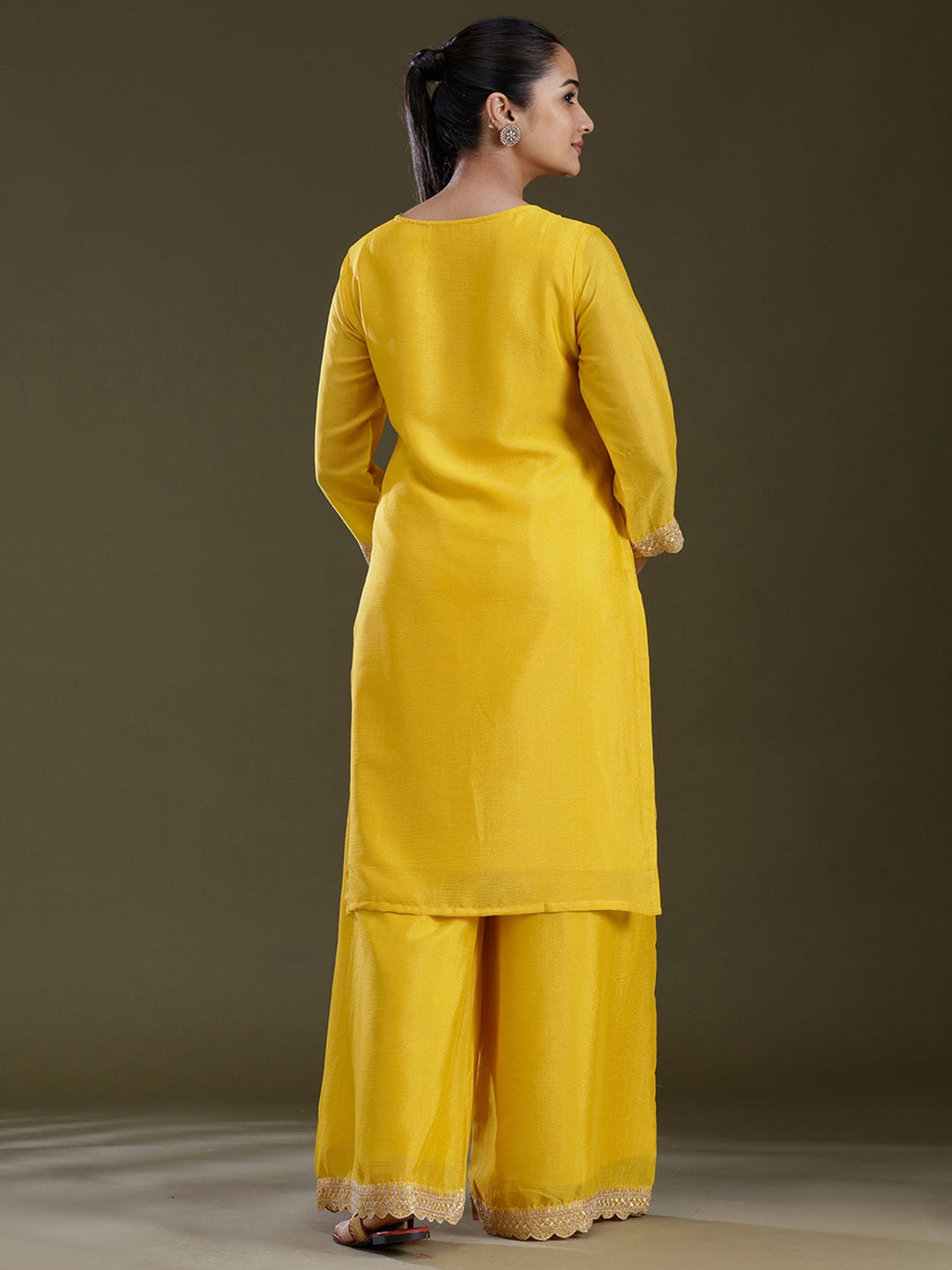 Yellow Sequins Soft Raw Silk Readymade Salwar Suit