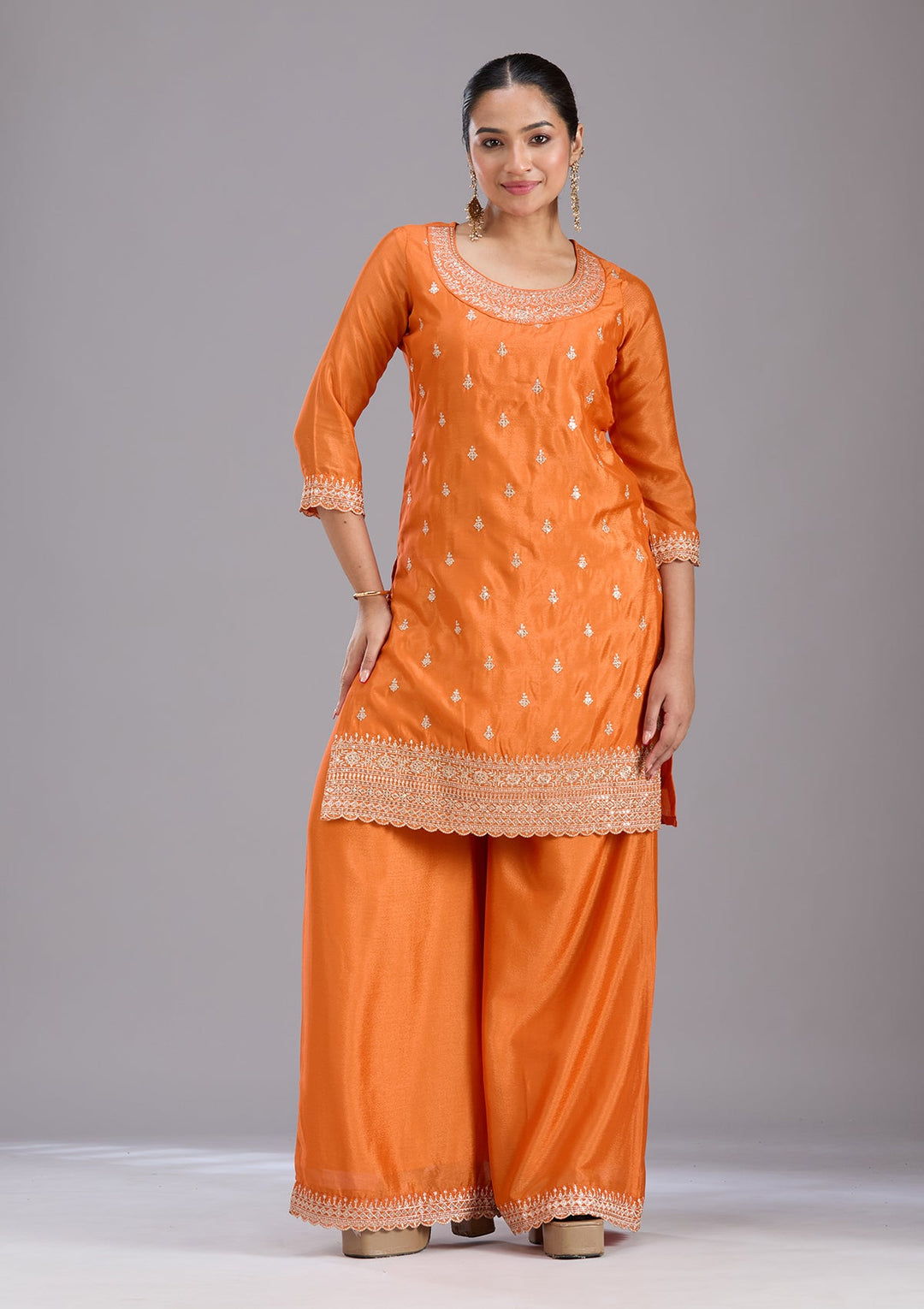 Orange Sequins Soft Raw Silk Readymade Salwar Suit-koskii