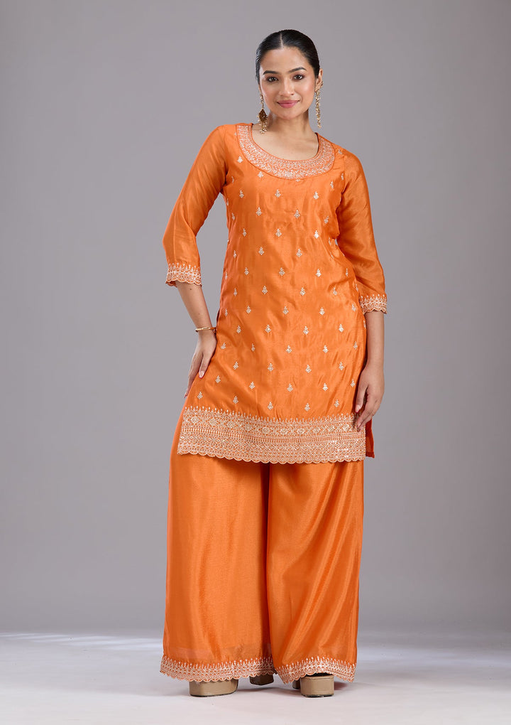 Orange Sequins Soft Raw Silk Readymade Salwar Suit-koskii