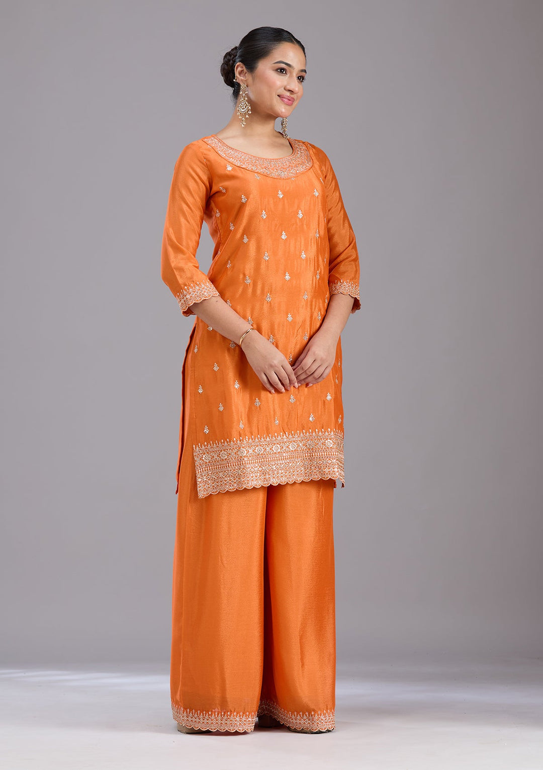 Orange Sequins Soft Raw Silk Readymade Salwar Suit-koskii