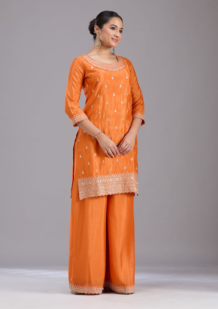Orange Sequins Soft Raw Silk Readymade Salwar Suit-koskii