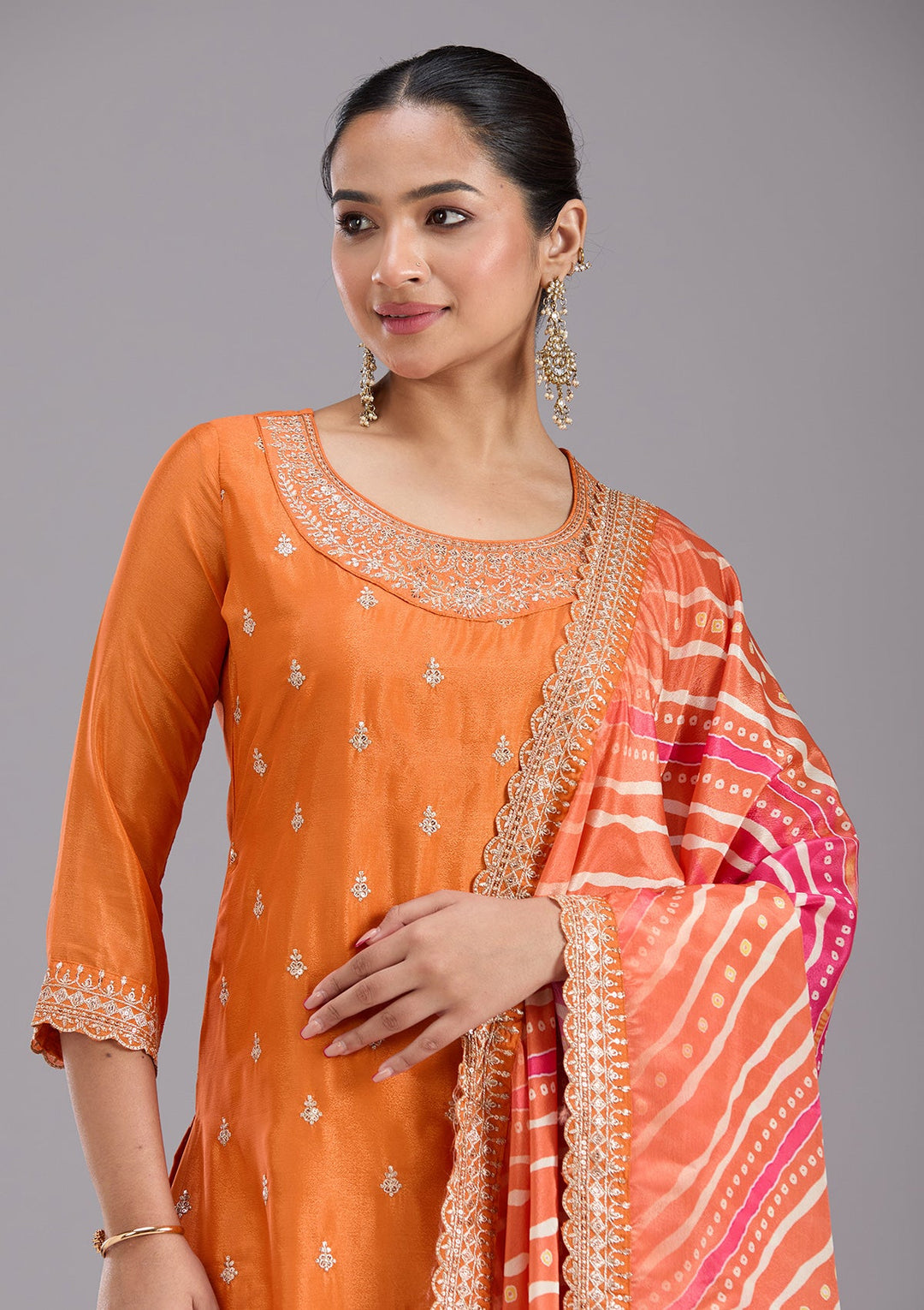 Orange Sequins Soft Raw Silk Readymade Salwar Suit-koskii