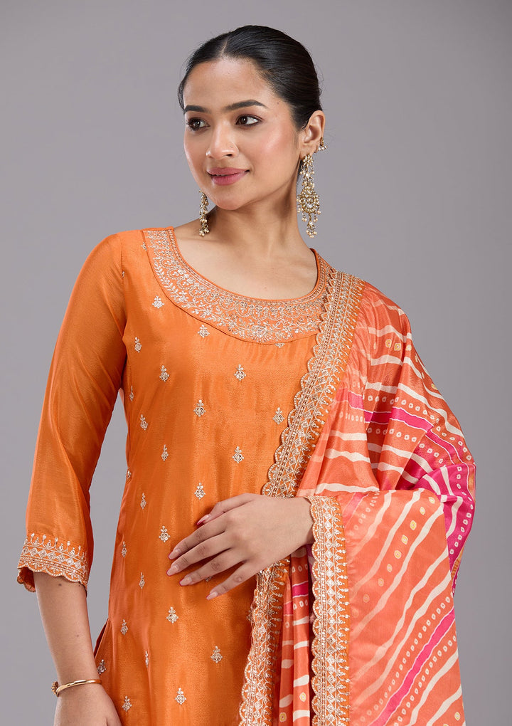 Orange Sequins Soft Raw Silk Readymade Salwar Suit-koskii
