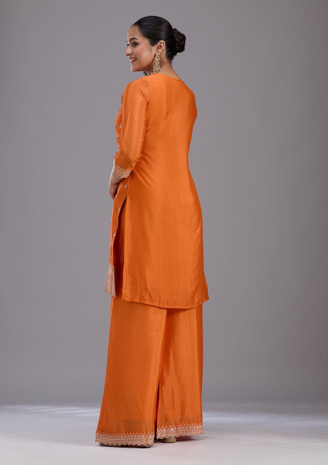 Orange Sequins Soft Raw Silk Readymade Salwar Suit-koskii