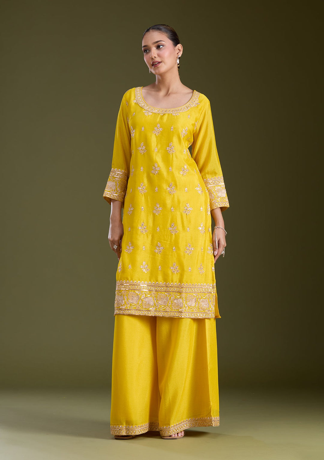 Yellow Sequins Soft Raw Silk Readymade Salwar Suit