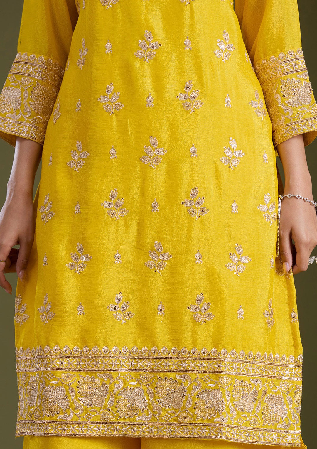 Yellow Sequins Soft Raw Silk Readymade Salwar Suit