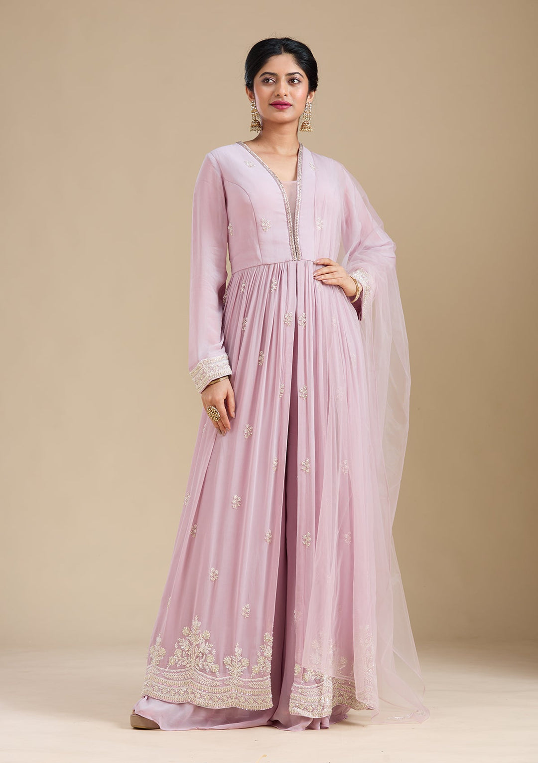 Mauve Cutdana Georgette Readymade Salwar Suit-Koskii