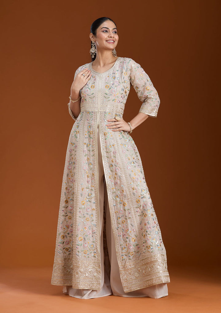 Beige Threadwork Georgette Readymade Salwar Suit_koskii