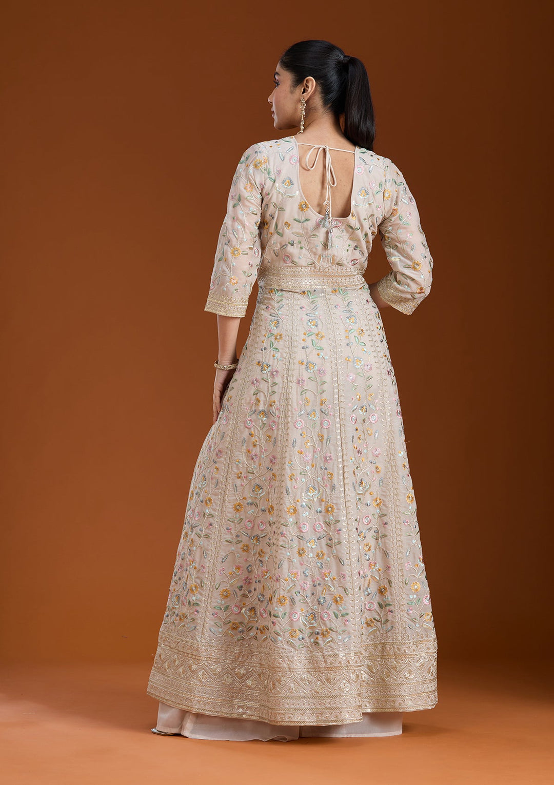 Beige Threadwork Georgette Readymade Salwar Suit_koskii