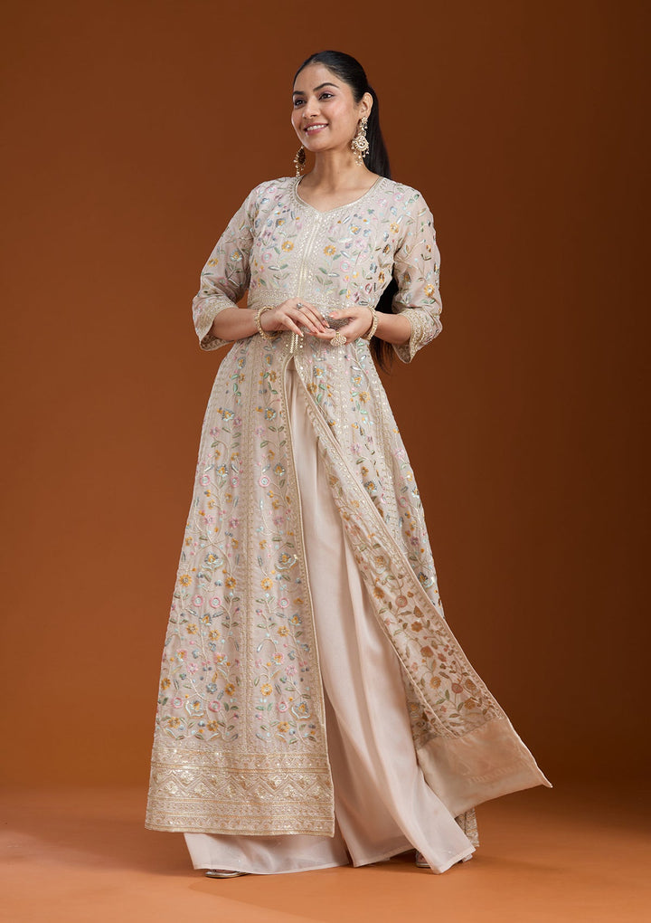 Beige Threadwork Georgette Readymade Salwar Suit_koskii