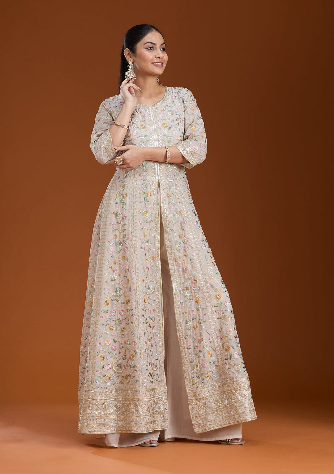 Beige Threadwork Georgette Readymade Salwar Suit_koskii