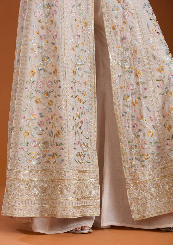 Beige Threadwork Georgette Readymade Salwar Suit_koskii