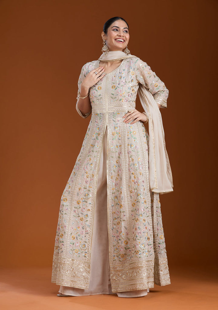 Beige Threadwork Georgette Readymade Salwar Suit_koskii