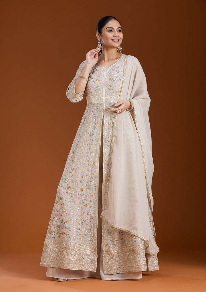 Beige Threadwork Georgette Readymade Salwar Suit_koskii