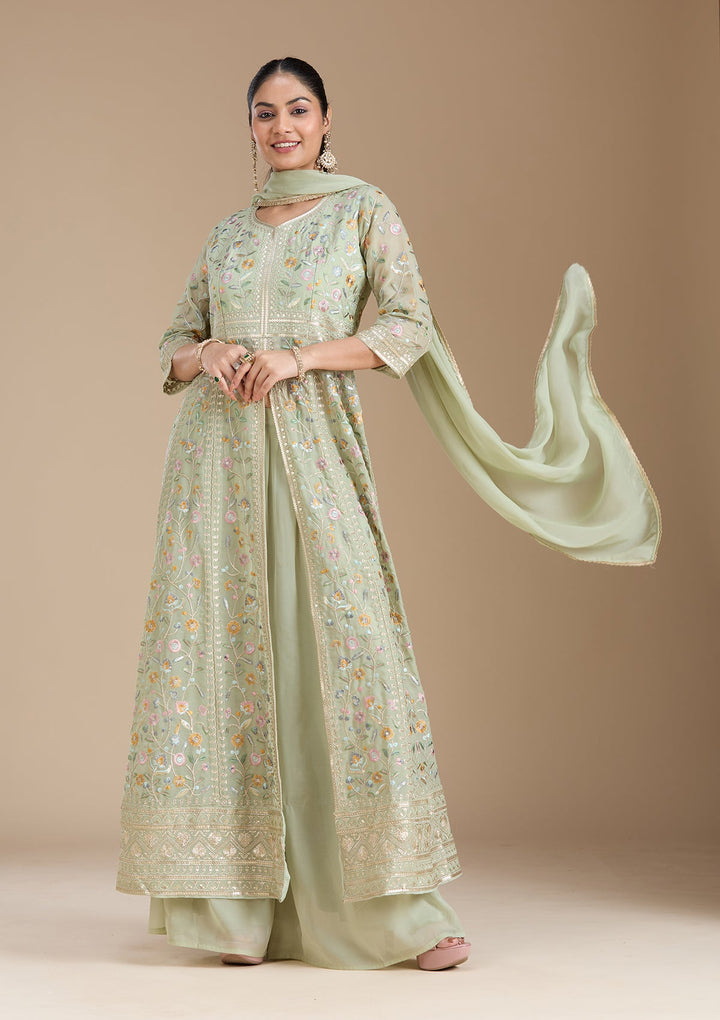 Sea Green Threadwork Georgette Readymade Salwar Suit_koskii