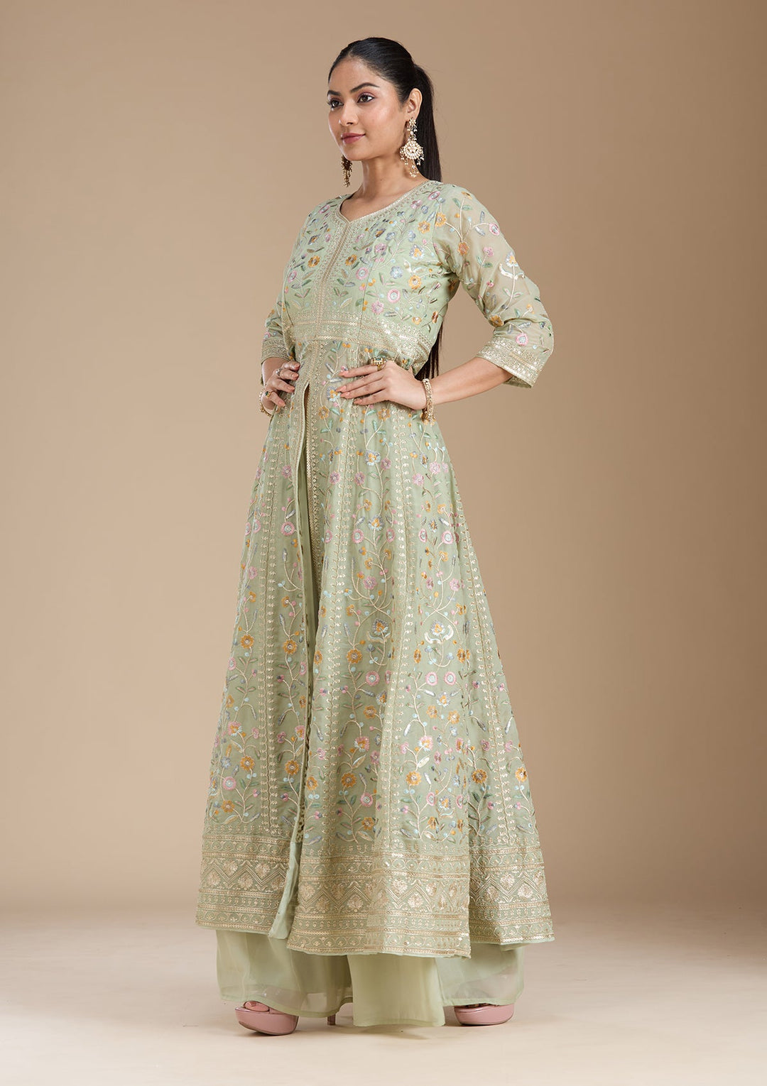 Sea Green Threadwork Georgette Readymade Salwar Suit_koskii