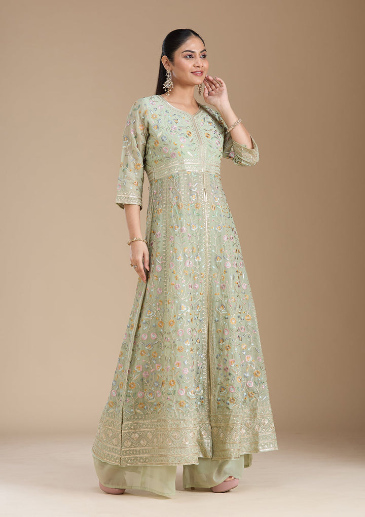 Sea Green Threadwork Georgette Readymade Salwar Suit_koskii