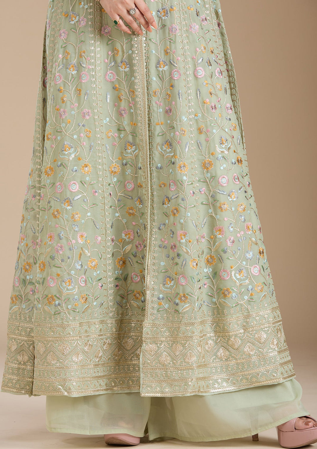 Sea Green Threadwork Georgette Readymade Salwar Suit_koskii