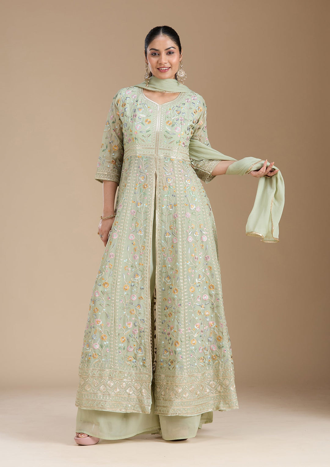 Sea Green Threadwork Georgette Readymade Salwar Suit_koskii