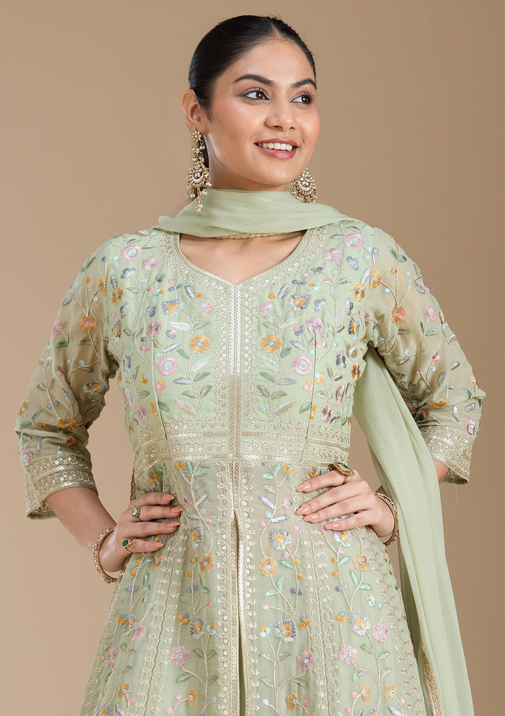 Sea Green Threadwork Georgette Readymade Salwar Suit_koskii