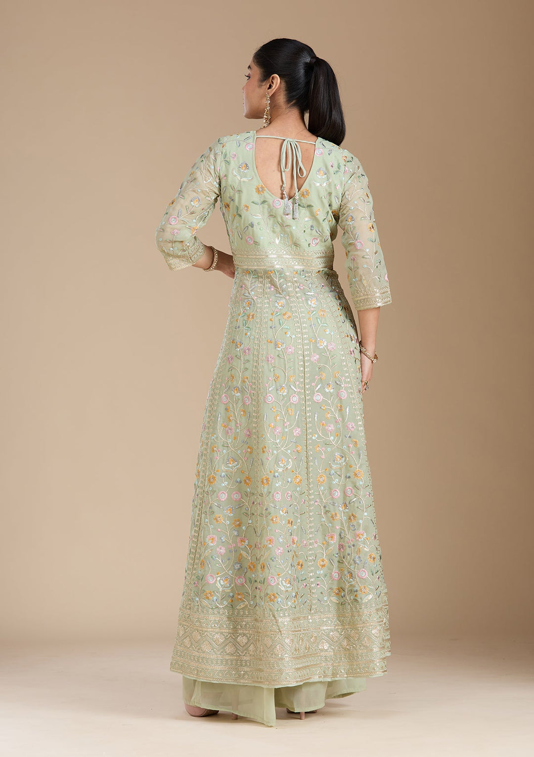 Sea Green Threadwork Georgette Readymade Salwar Suit_koskii