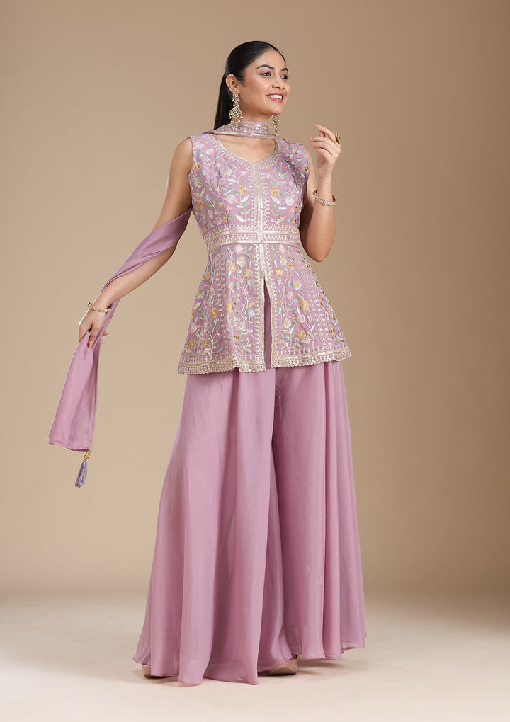 Mauve Threadwork Georgette Readymade Salwar Suit_koskii